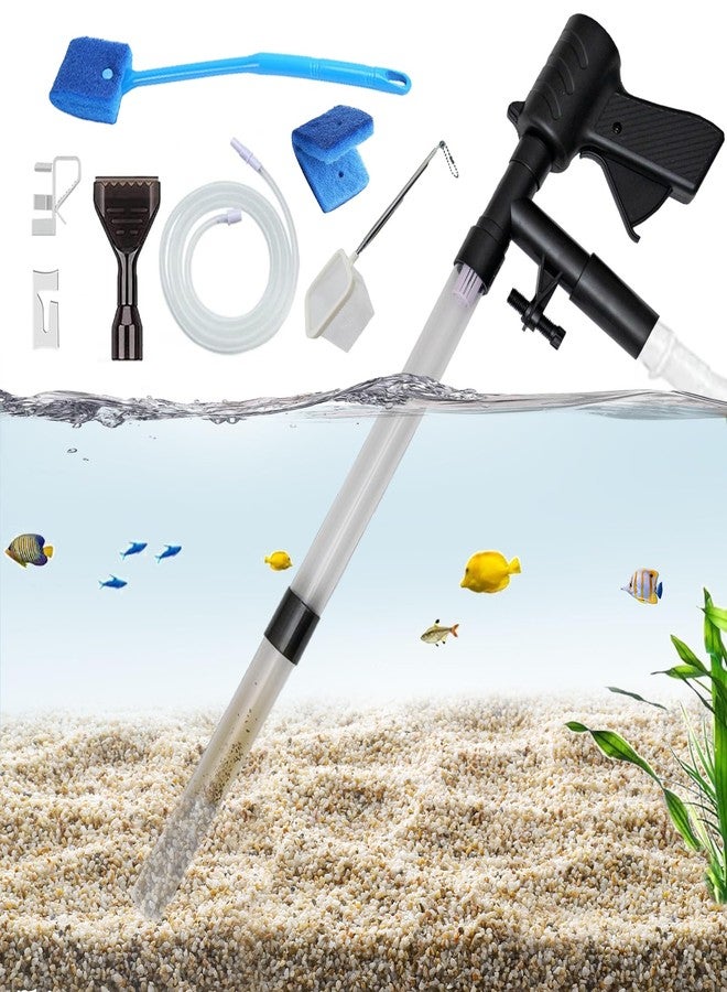 Carefree Fish منظف حصى أحواض السمك Carefree، مناسب لأحواض السمك من 15 إلى 30 بوصة، مزود بخرطوم مياه بطول 6 أقدام، ومغير ماء لحوض السمك، ومكنسة رمل، وشبكة تنظيف، وفرشاة إسفنجية بمقبض طويل، ومكشطة للطحالب. - Image 1